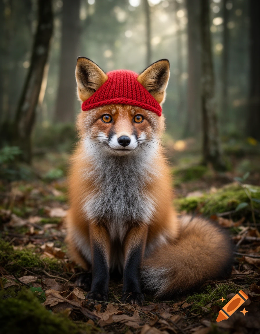 Photorealistic image of a cute red fox sitting in a forest, wearing a small red knitted hat.