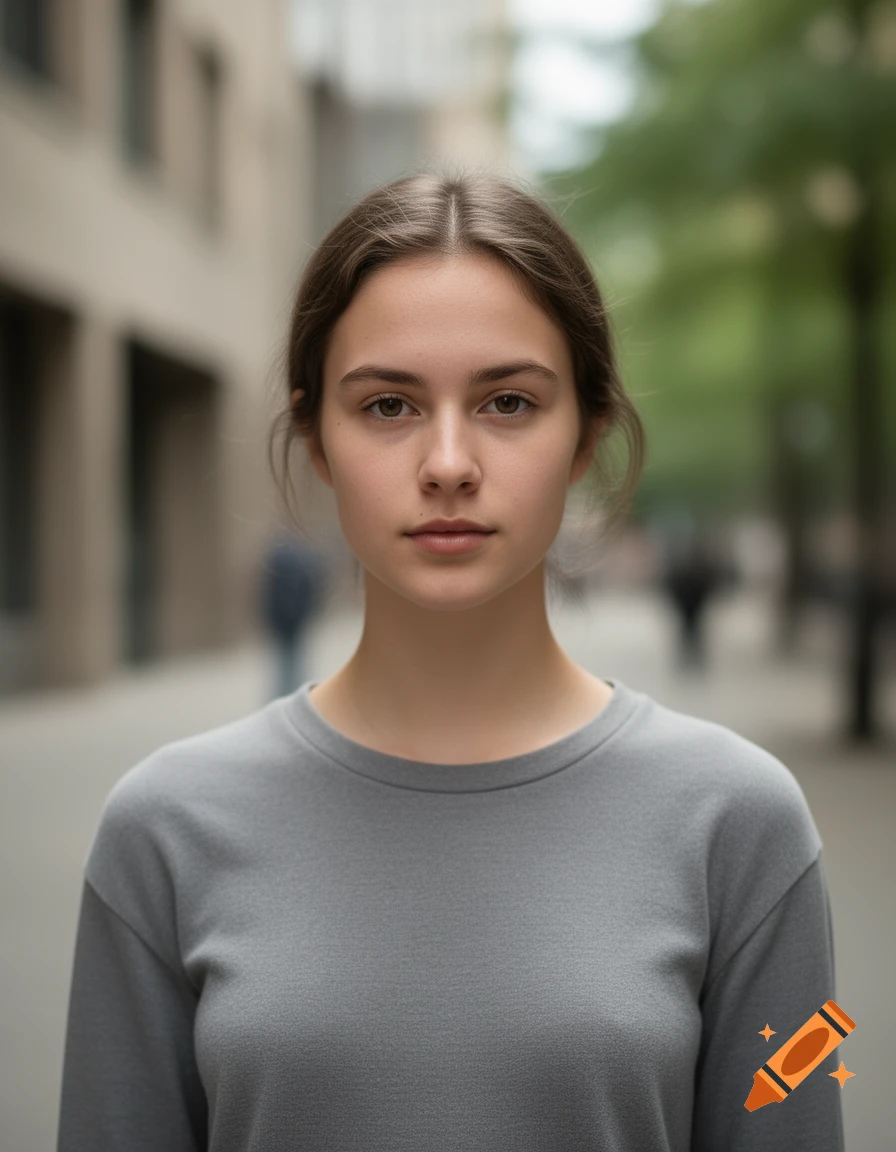 Photorealistic portrait of a 21-year-old woman with brown hair in a grey top outdoors with a blurred urban background.