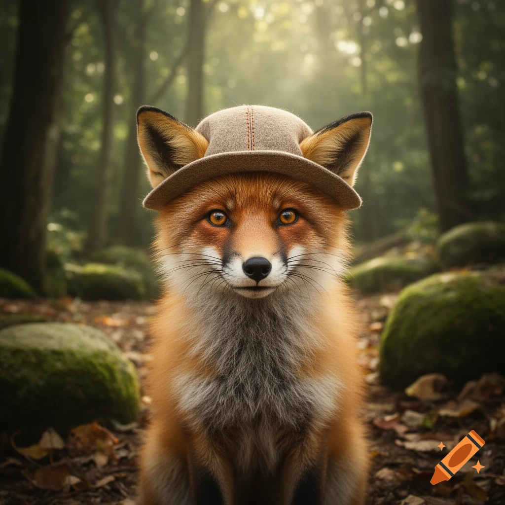 Photorealistic close-up of a cute red fox wearing a brown felt hat in a lush forest.