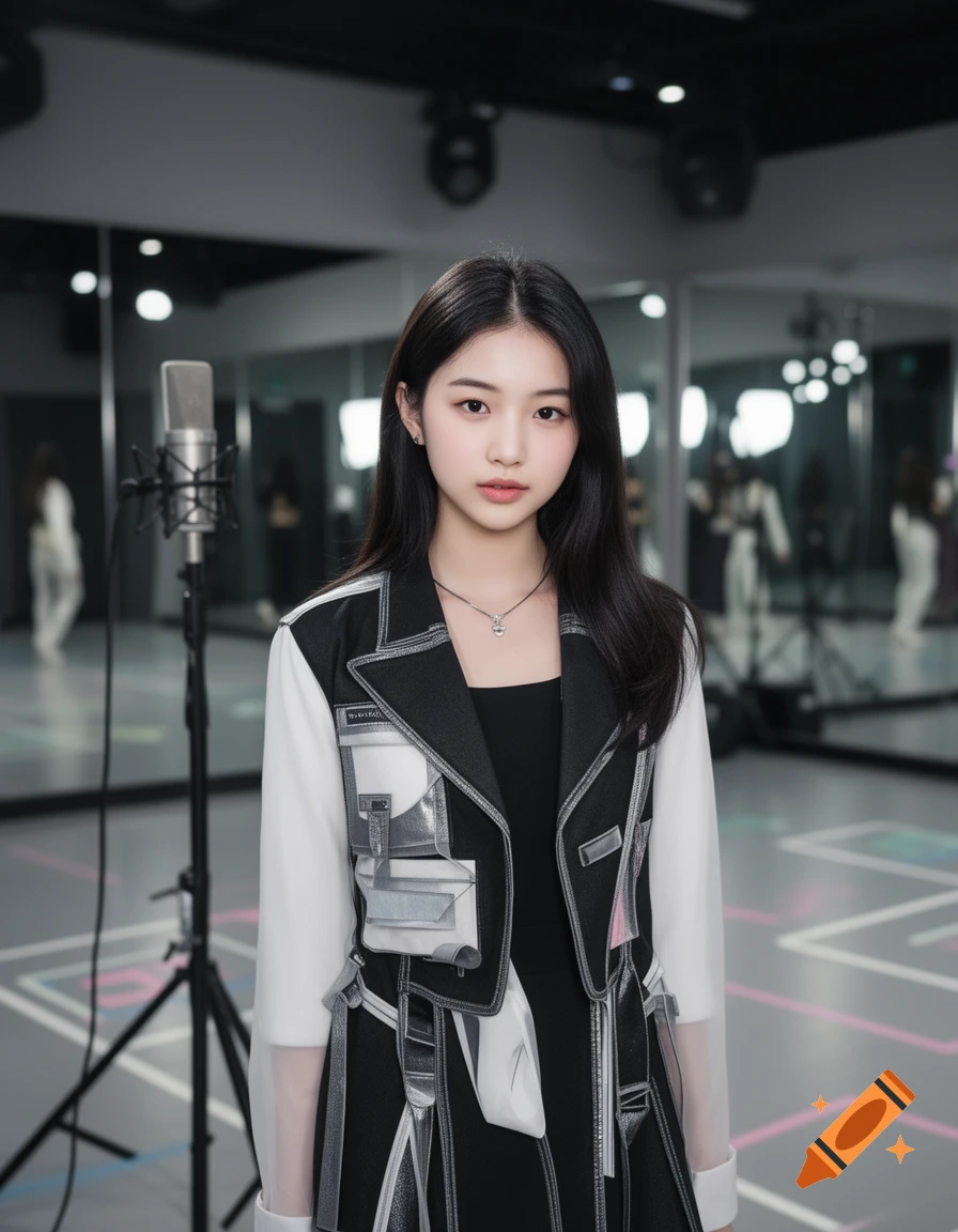 Photorealistic portrait of a young Asian woman standing in a dance studio, wearing a stylish modern black and white jacket.