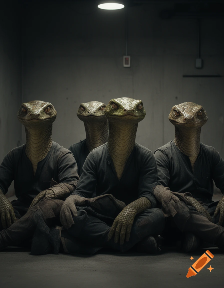 Photorealistic image of four humanoid reptilian figures with snake heads sitting together in a dim, concrete room.