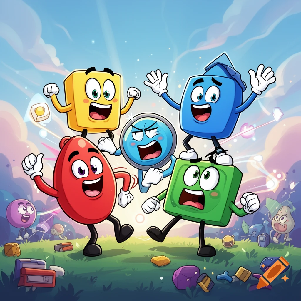 Digital cartoon illustration of colorful anthropomorphic geometric character objects smiling and cheering in a grassy field under a blue sky.