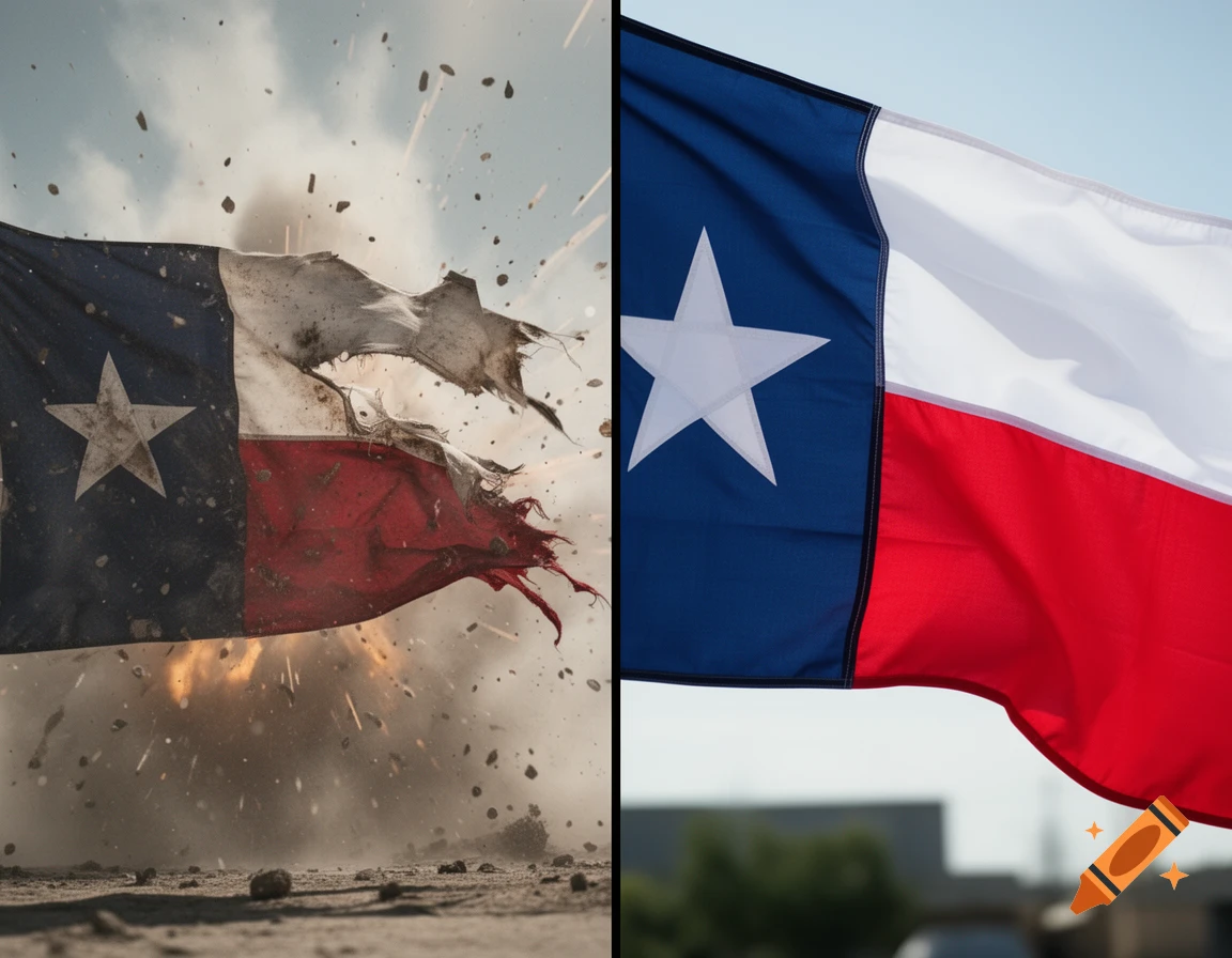 Split screen comparison of a tattered, exploding Texas flag on the left and a clean, waving Texas flag on the right.