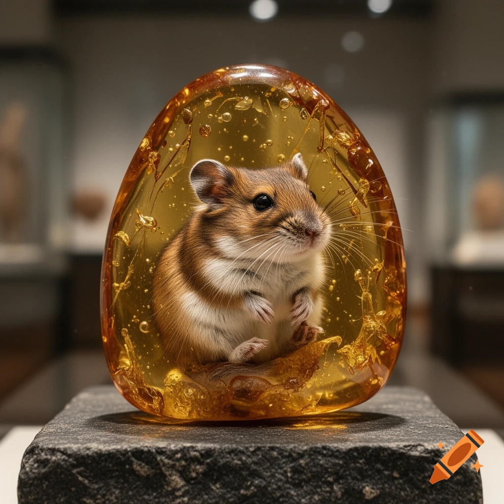 Photorealistic gerbil preserved inside a glowing golden piece of amber on a stone pedestal inside a museum.