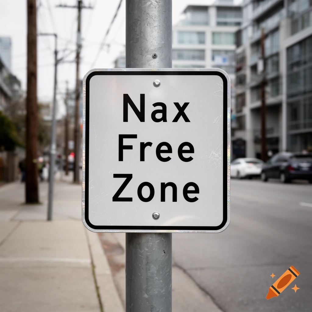 Photorealistic street sign reading 'Nax Free Zone' mounted on a pole in an urban setting.