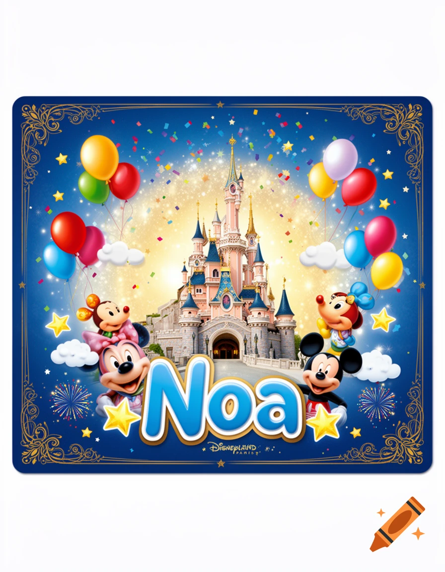 Disneyland Paris themed card for a 5-year-old named Noa, featuring Mickey and Minnie Mouse, balloons, and a fairytale castle.
