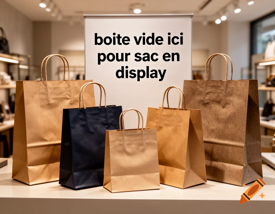 Several paper shopping bags in various sizes displayed on a counter in a bright store, with a sign reading 'boite vide ici pour sac en display'.