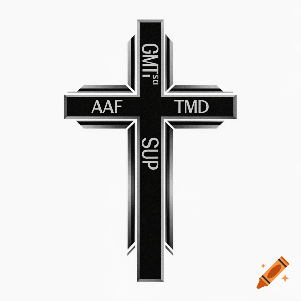 Modern black and silver memorial cross graphic with acronyms on a white background.