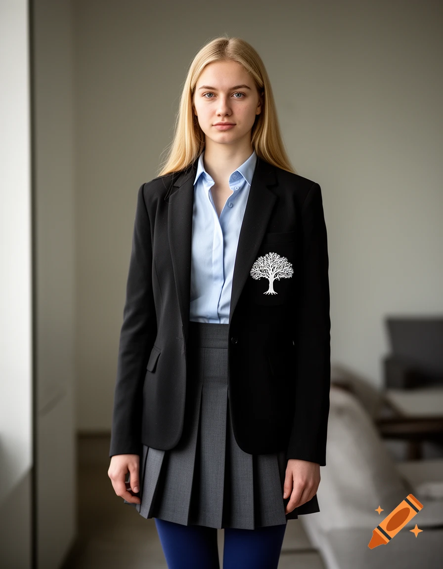 Photorealistic portrait of a young woman with blonde hair, wearing a black blazer with a white tree emblem, a blue shirt, and a gray skirt.