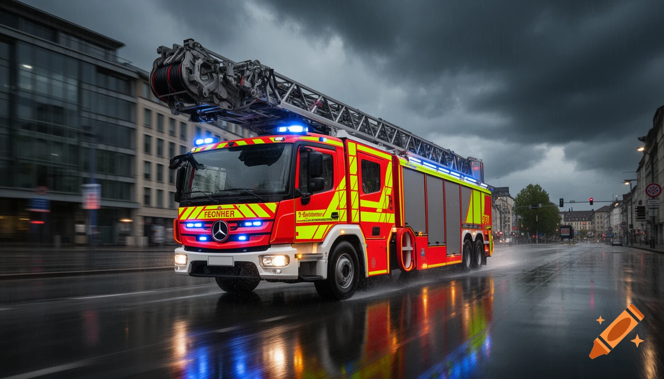 Photorealistic image of a red and yellow Mercedes-Benz fire truck driving on a wet city street at night under a stormy sky.