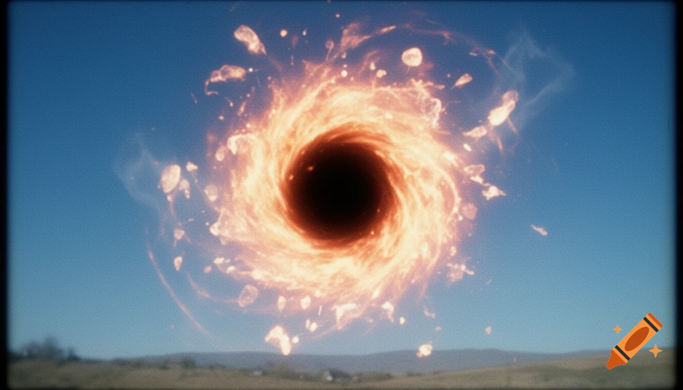 A fiery black hole vortex in a blue sky over a landscape, cinematic style.