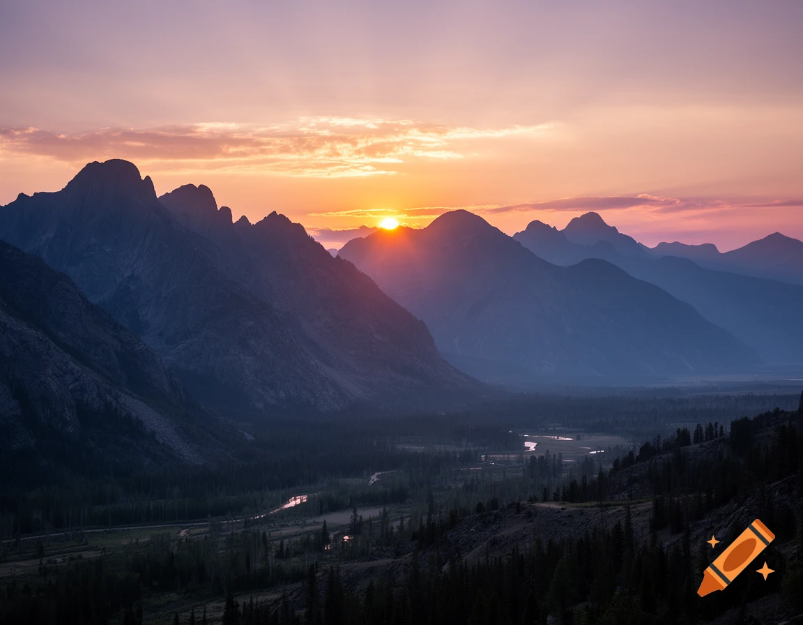 Photorealistic sunset over a rugged mountain range with a valley and river below.