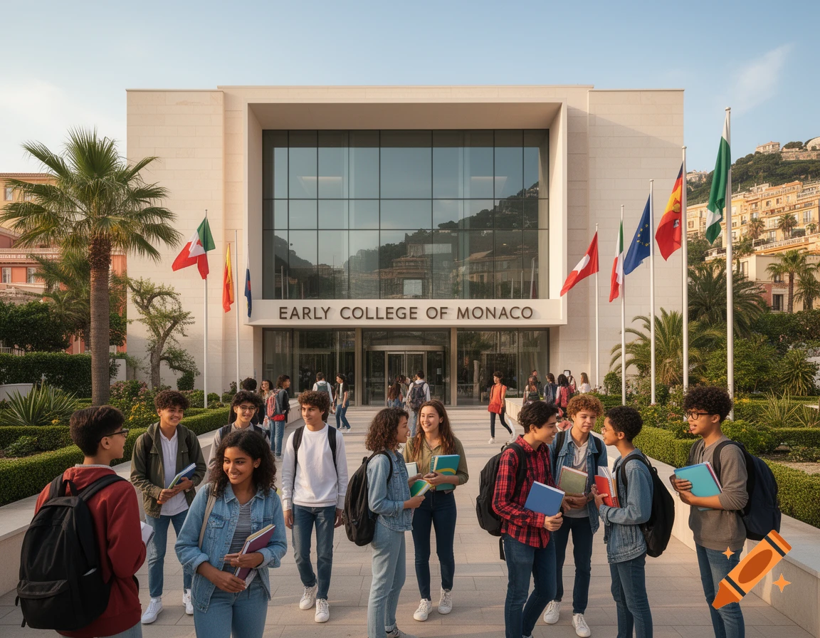 Students with backpacks and books walking outside the Early College of Monaco building on a sunny day.