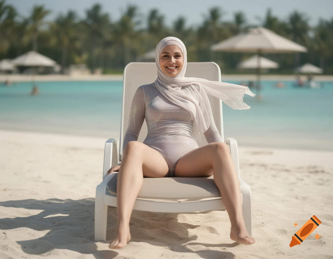 Photorealistic image of a smiling woman in a hijab and pale swimwear sitting on a beach lounger with tropical palms and ocean in the background.