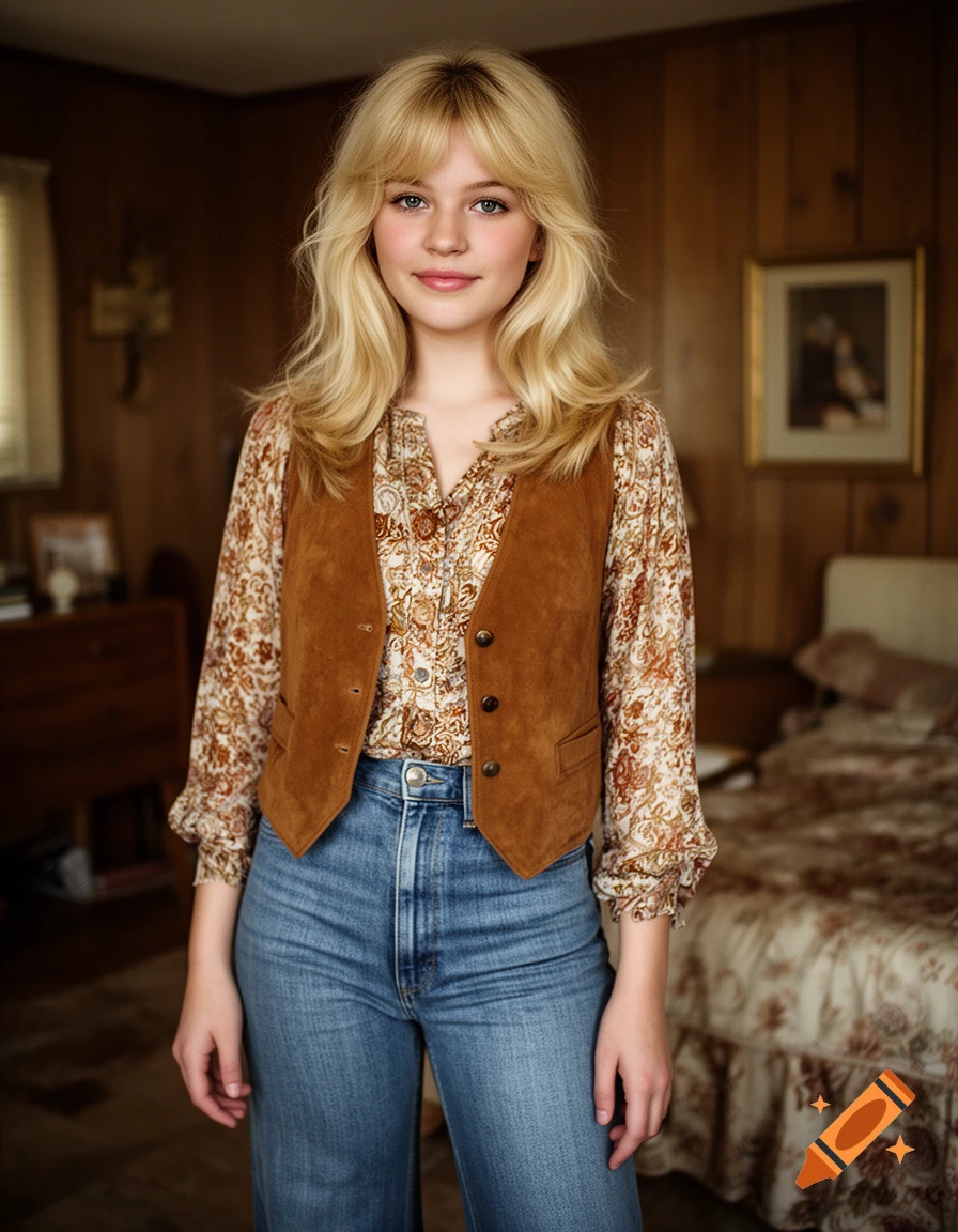 Photorealistic portrait of a young blonde teenage girl in a 1970s style interior, wearing a brown suede vest over a patterned blouse and jeans.