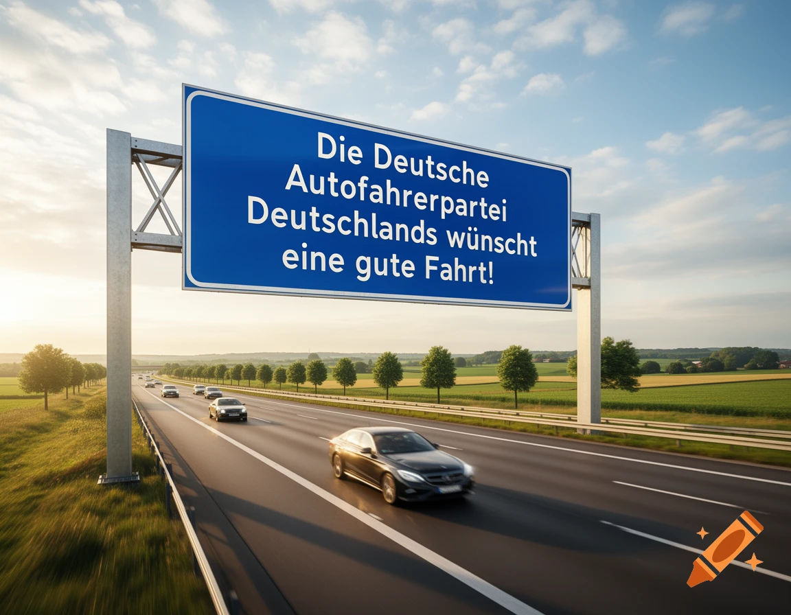 Photorealistic highway scene with cars and a large overhead blue road sign with German text.