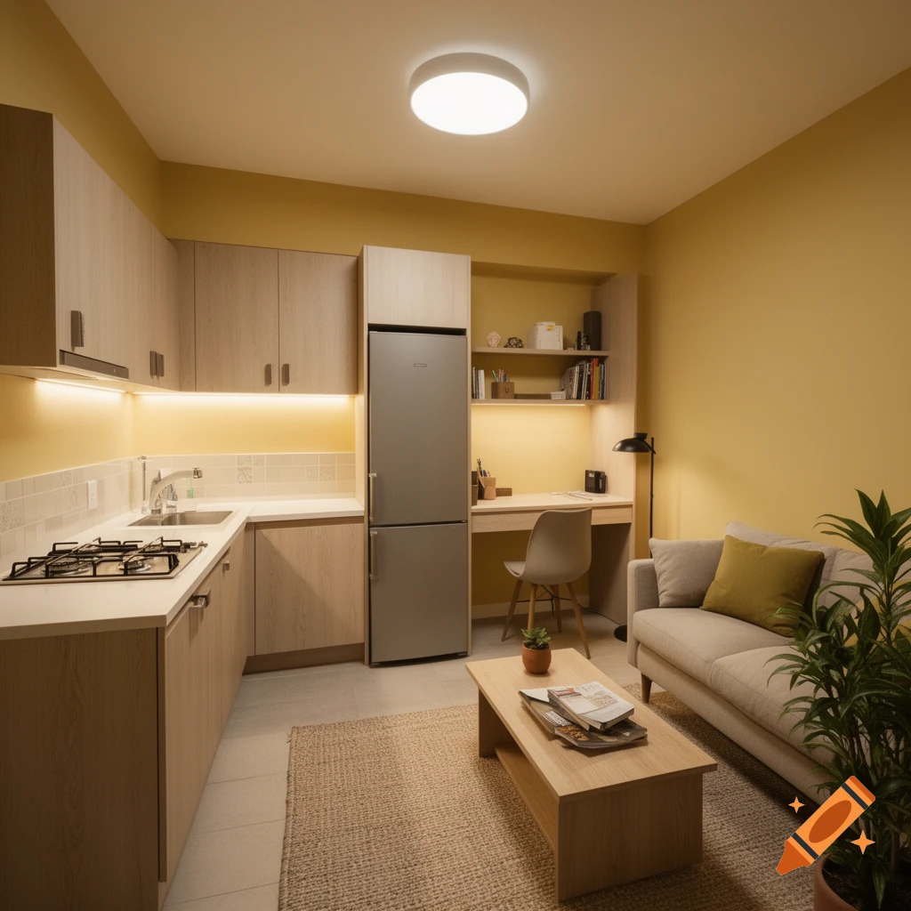 Photorealistic interior view of a modern compact open-plan kitchen, living room, and small home office with yellow walls.