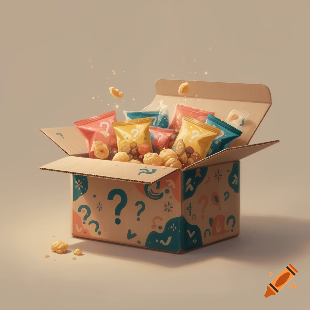 An open cardboard mystery snack box with colorful snack bags and floating snacks, digital illustration style.