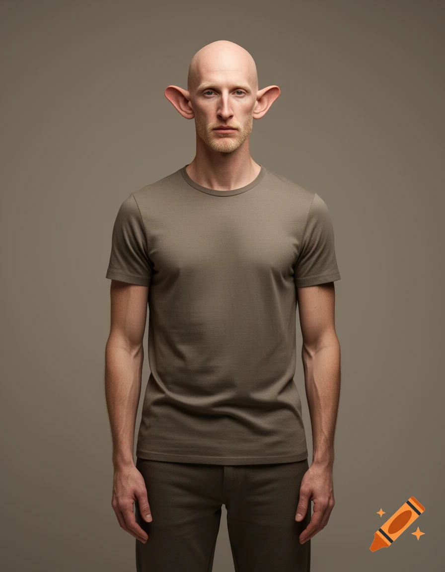 Photorealistic studio portrait of a tall, bald, fit white man with very large ears, no eyebrows, and a blonde beard.
