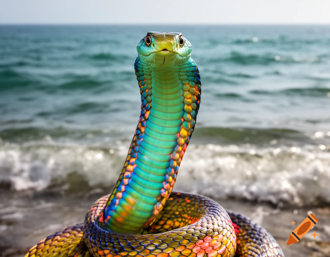 Photorealistic close-up of a brightly colored, iridescent snake upright on a beach with ocean waves in the background.