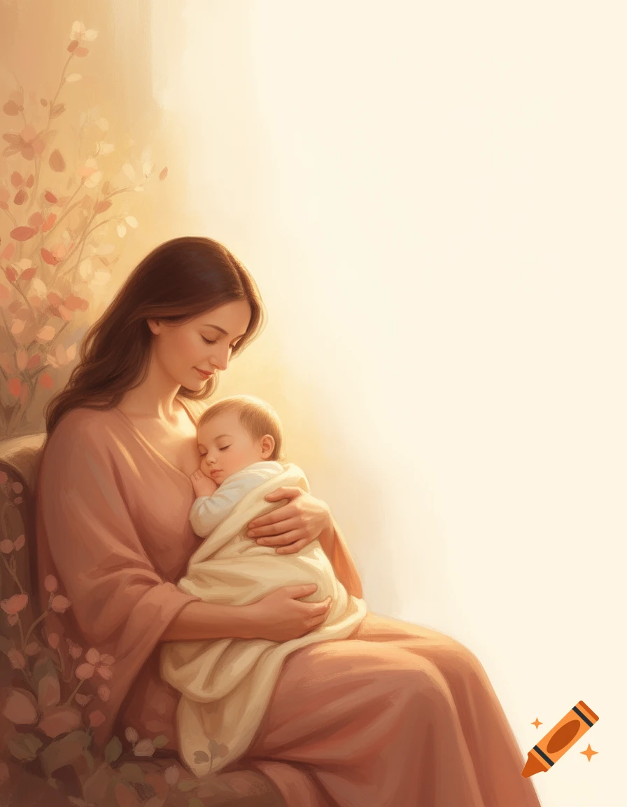 Digital painting of a mother tenderly holding and nursing her sleeping baby, warm pastel tones.