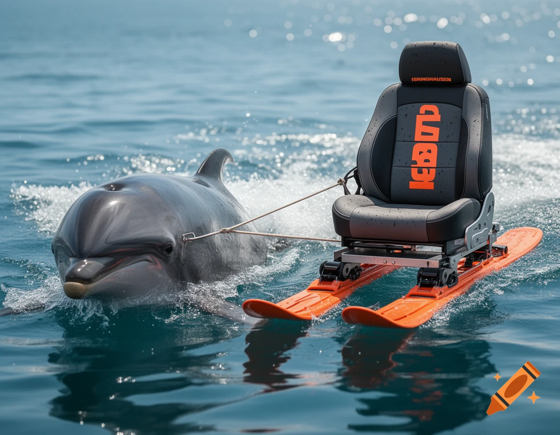 Photorealistic image of a dolphin pulling a truck seat on orange skis across the water.