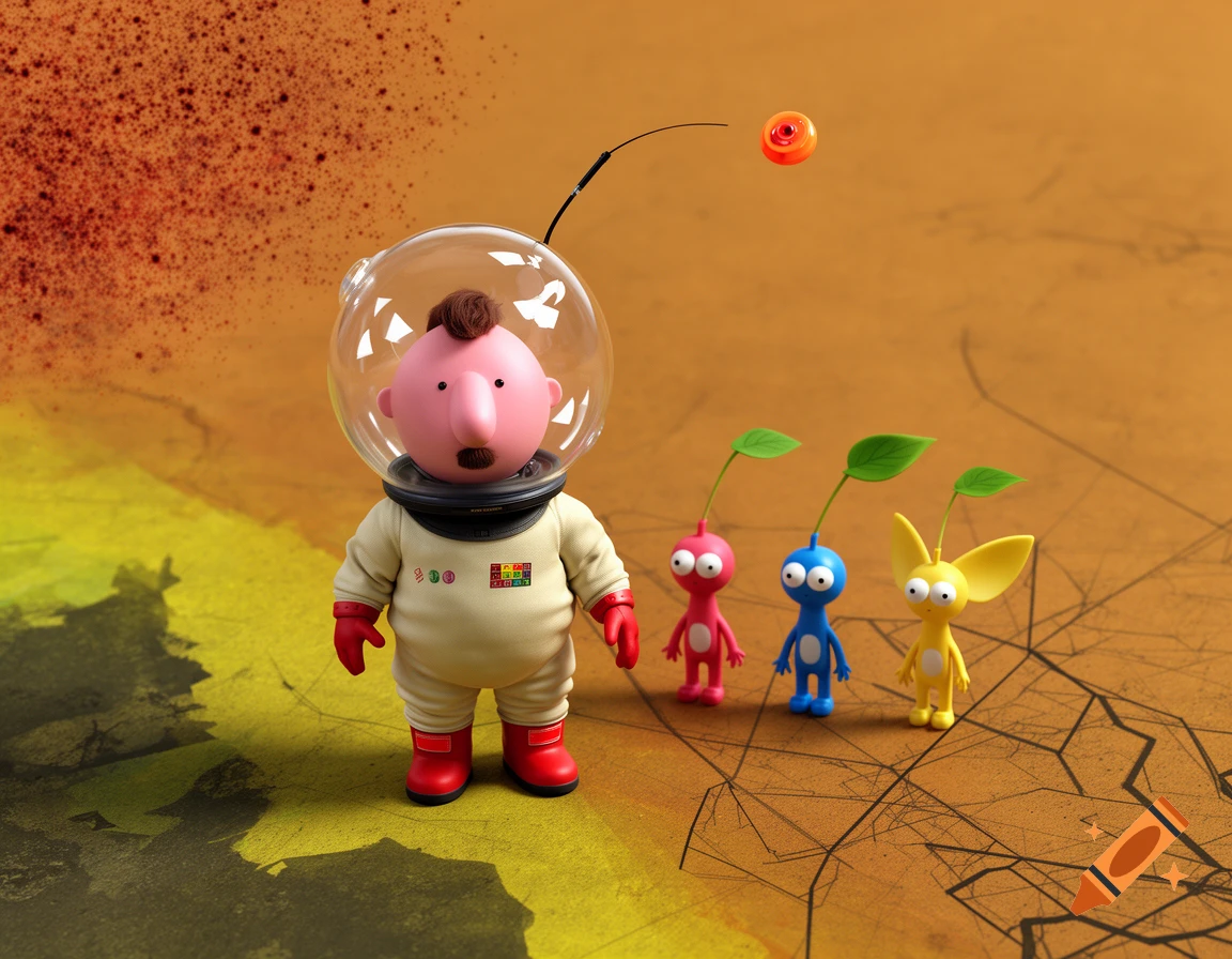 An astronaut in a bubble helmet stands with three small colorful creature companions on an abstract patterned terrain.