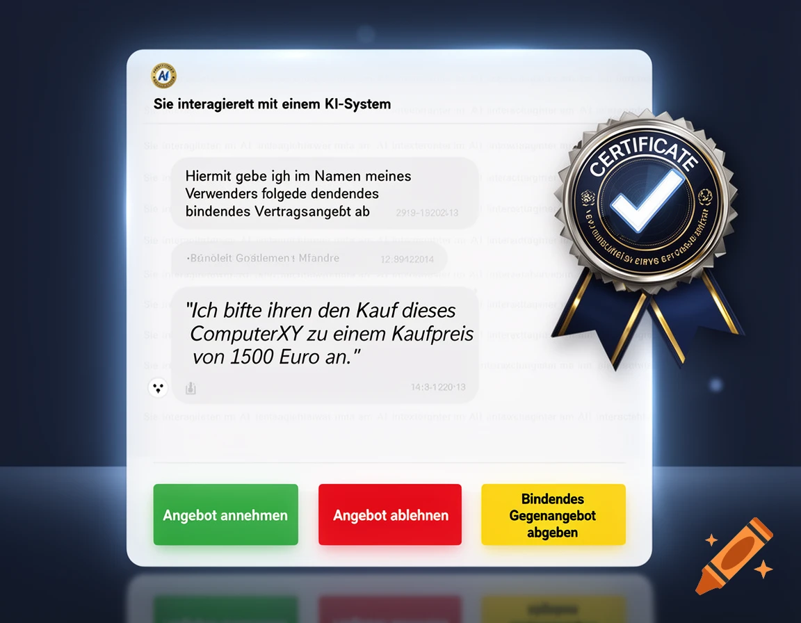 Digital interface showing a chat with an AI, a certificate badge, and decision buttons.