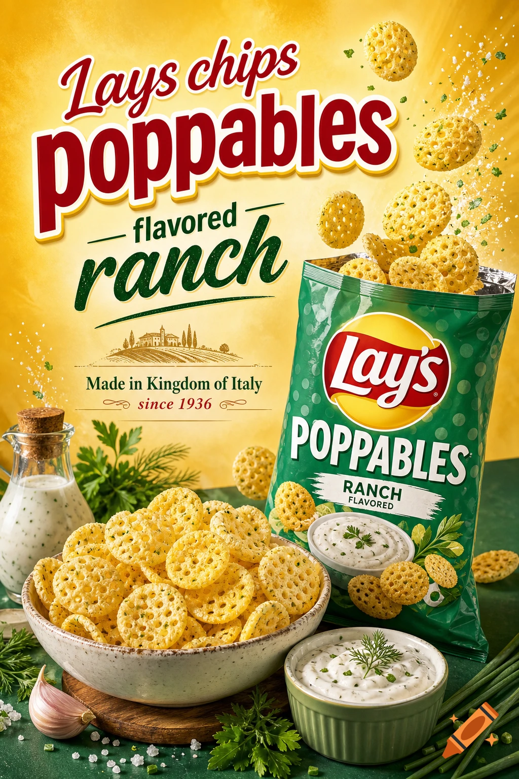 Commercial advertisement for Lay's Poppables Ranch chips featuring a bag, bowl of chips, and ranch dip.