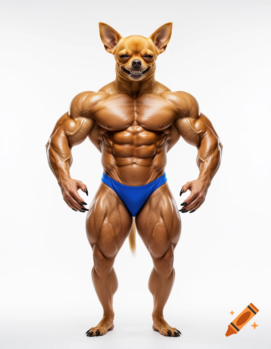 An anthropomorphic chihuahua with extreme bodybuilder muscles posing in a blue thong against a white background.