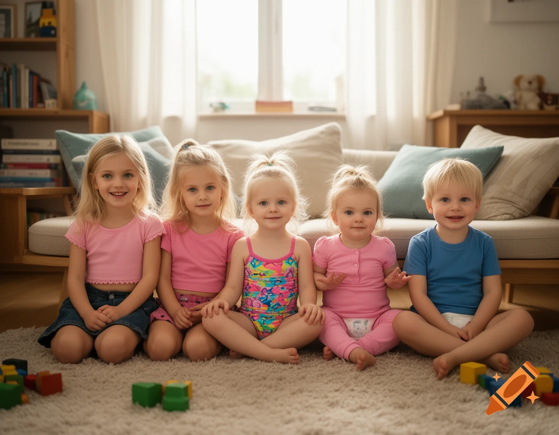 Photorealistic image of four young girls and one toddler boy sitting together on a carpet in a living room.