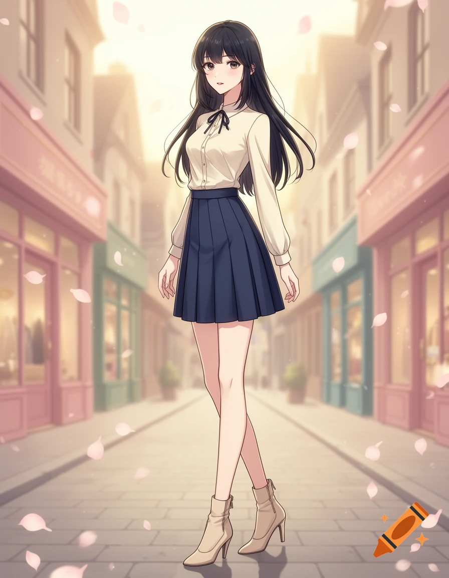 Anime style illustration of a tall, slim young woman standing on a European style street with falling petals.