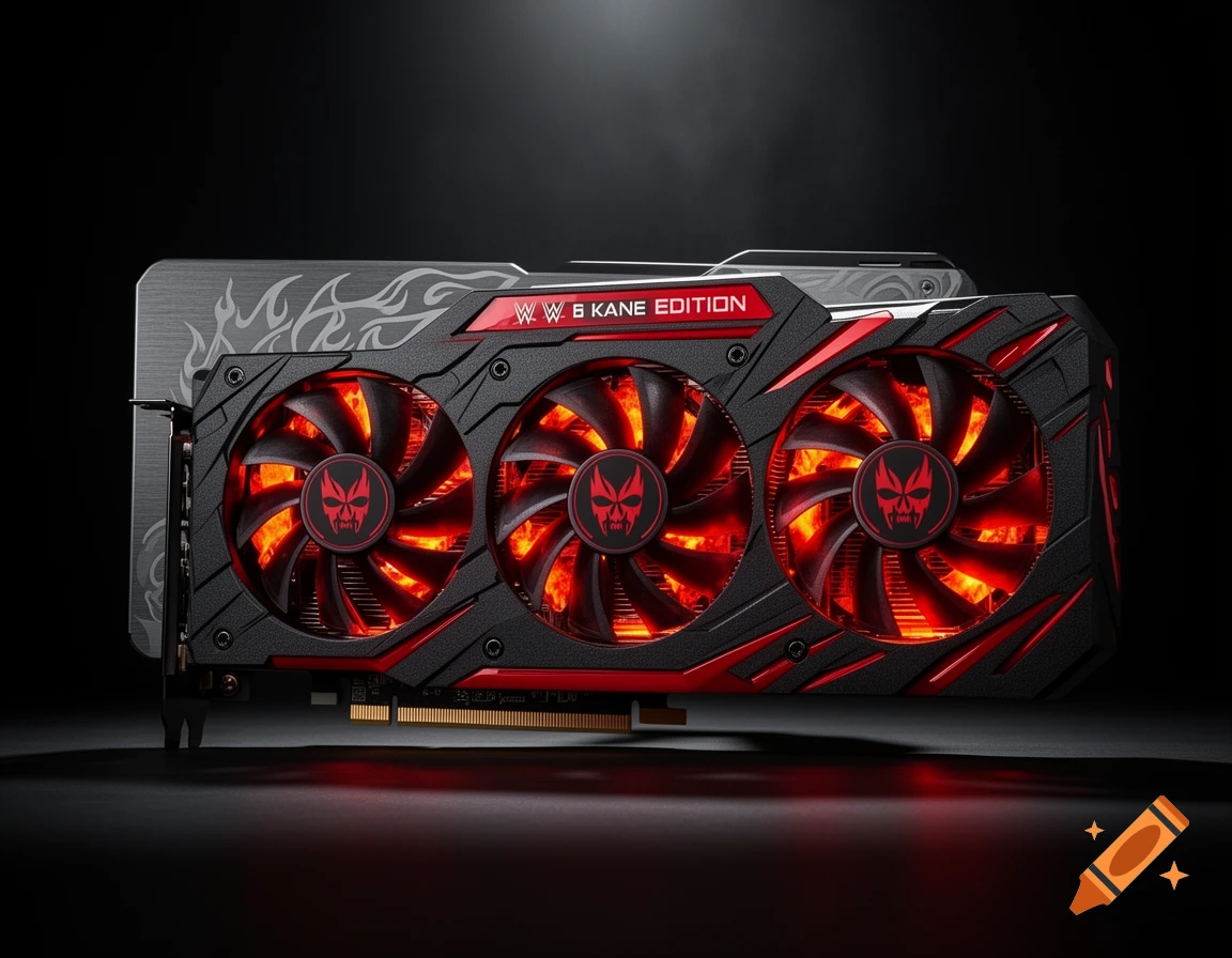 Photorealistic conceptual computer graphics card with three fans, red and black accents, and glowing internal lights.