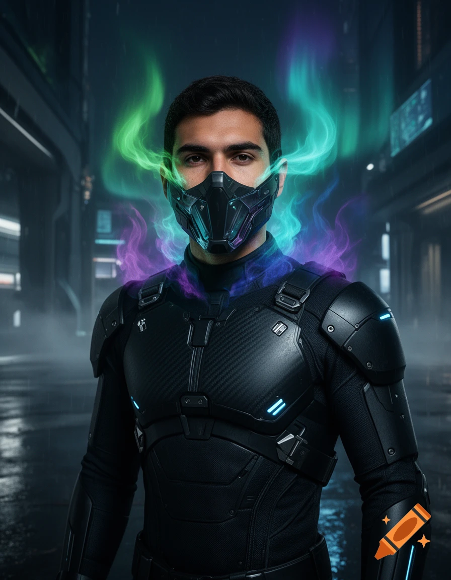 Photorealistic portrait of a young man wearing a black futuristic tech suit and half-mask with glowing aurora borealis flames.