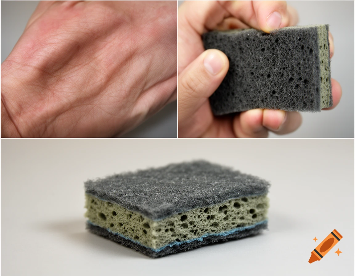 Three-panel photorealistic composite showing a bare hand, a hand holding a scouring sponge, and a sponge on a neutral surface.