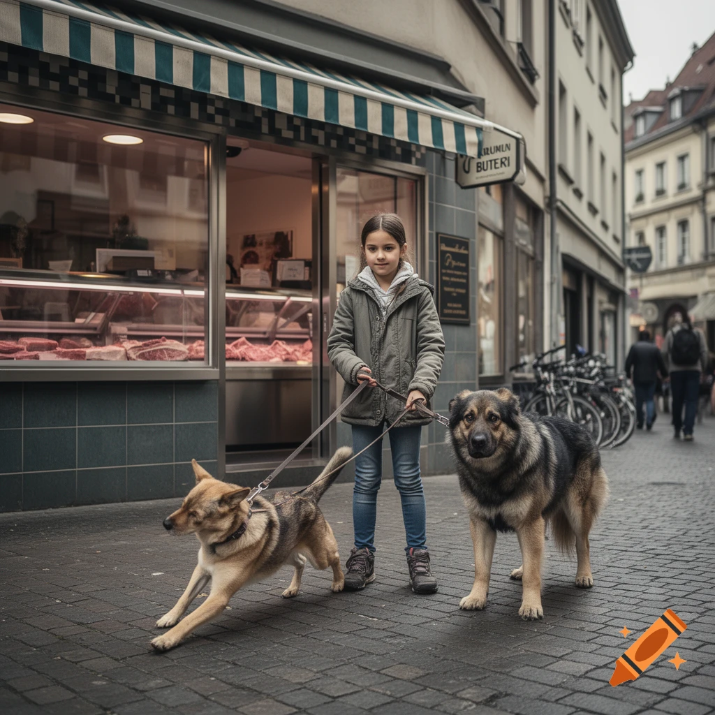 Photorealistic image of a young girl holding two dogs on leashes on a cobblestone street in front of a shop.
