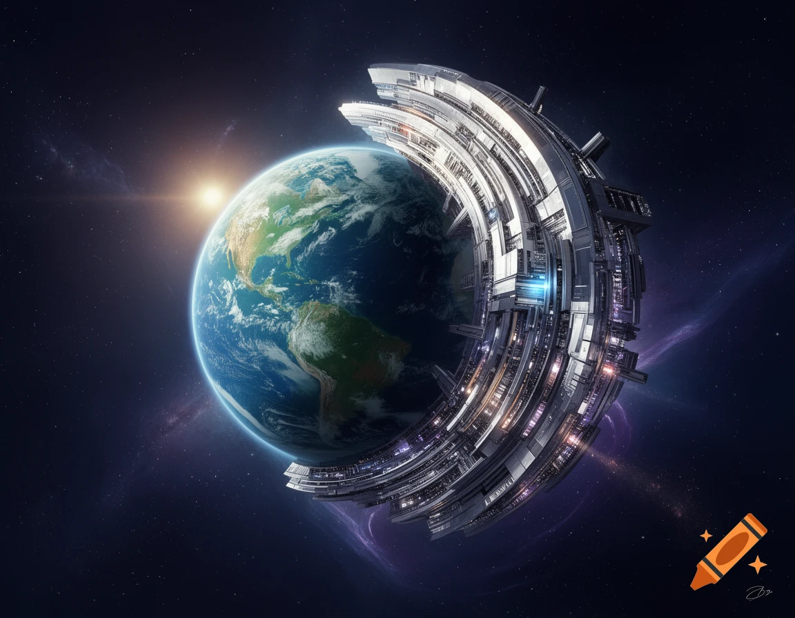A photorealistic depiction of Earth partially wrapped by a massive, futuristic silver megastructure space station in orbit.