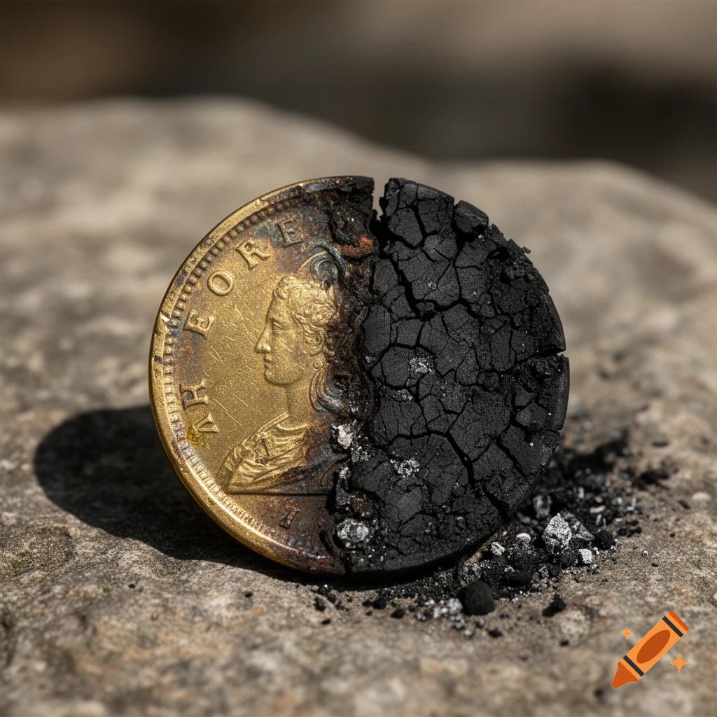 Close-up photorealistic shot of an ancient coin split in half, one side made of gold with a profile portrait, the other of cracked black coal.