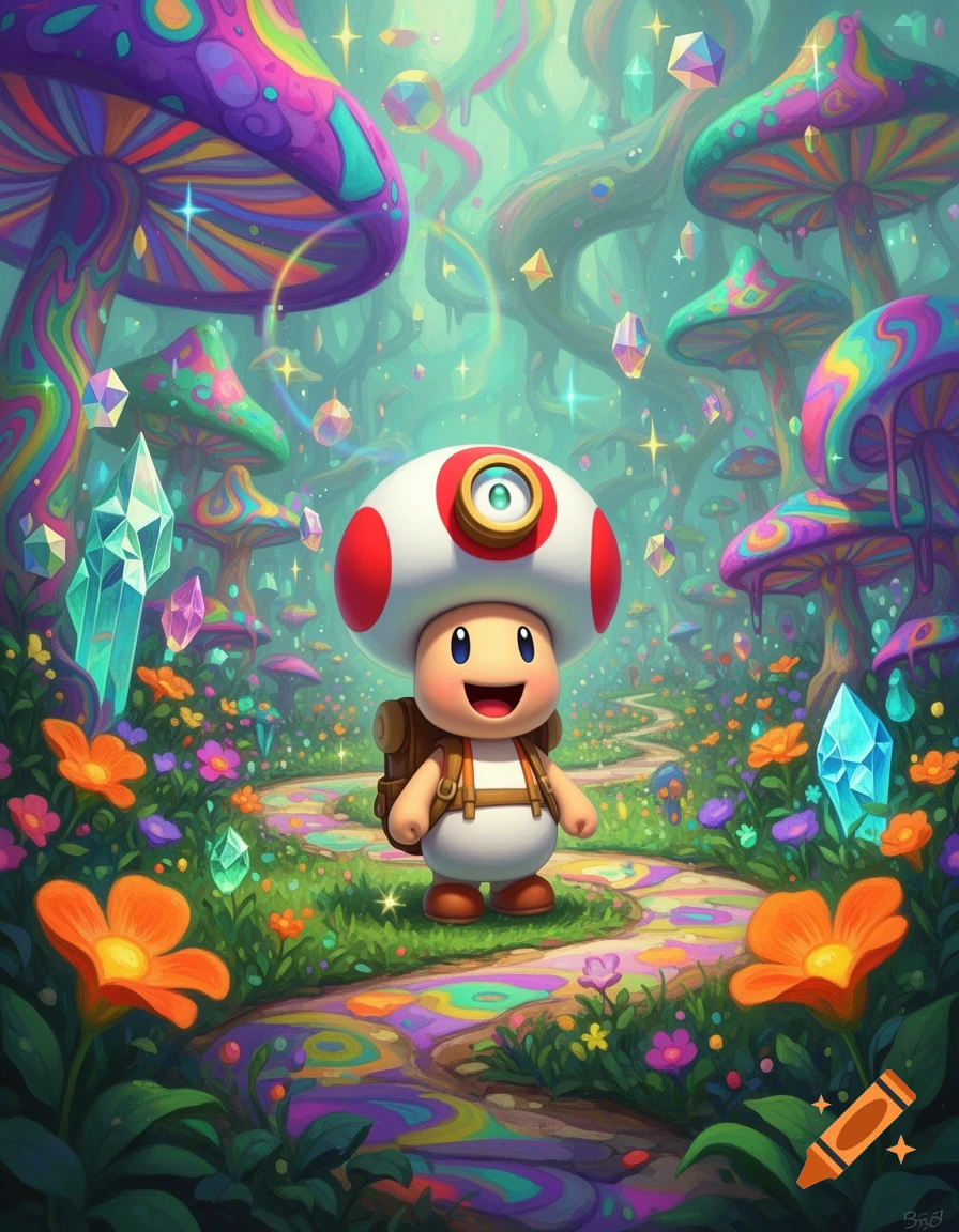 Digital illustration of Captain Toad with a mining light on his mushroom cap, standing on a winding path in a trippy fantasy forest with giant colorful mushrooms and glowing crystals.