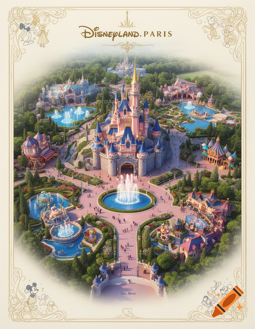 Aerial view map of Disneyland Paris with the central pink castle and ornate frame, photorealistic style