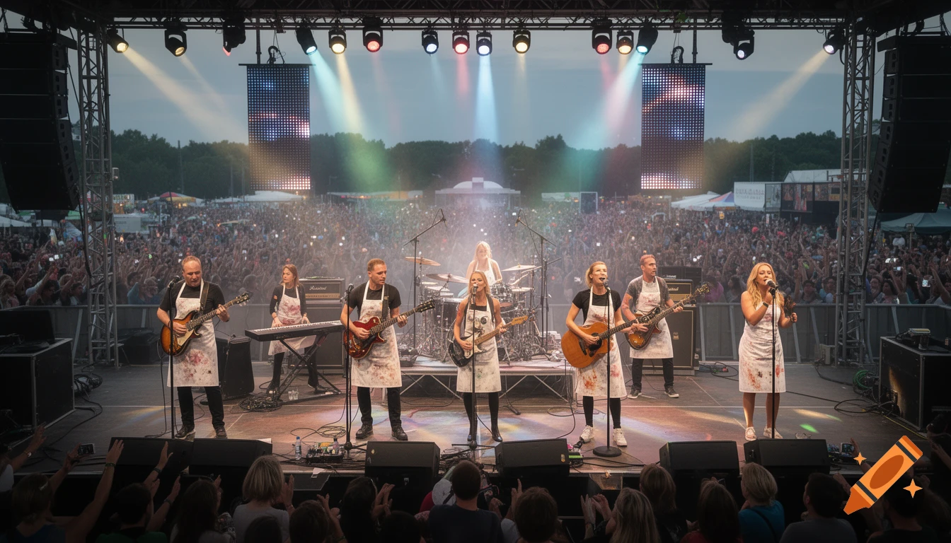 Rock band performing on an outdoor stage with aprons, drums, and a large crowd.