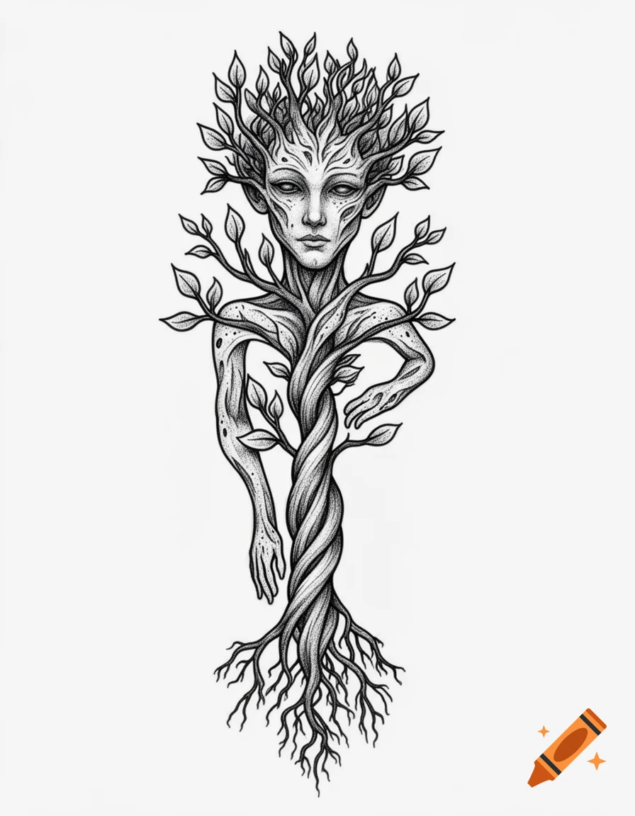 Black and white pointillism tattoo design of a humanoid tree creature with leafy hair and root feet.