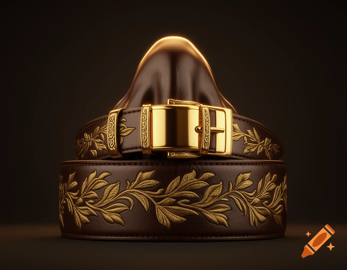 A dark brown leather belt with gold embroidered leaves and a shiny gold buckle, presented against a dark background.
