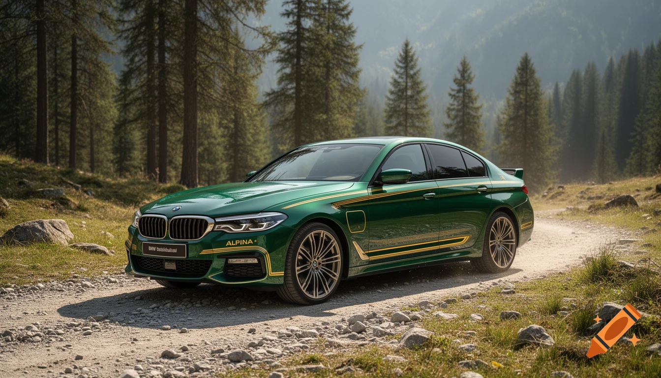Photorealistic green BMW 5 Series sedan parked on a dirt road in a pine forest.