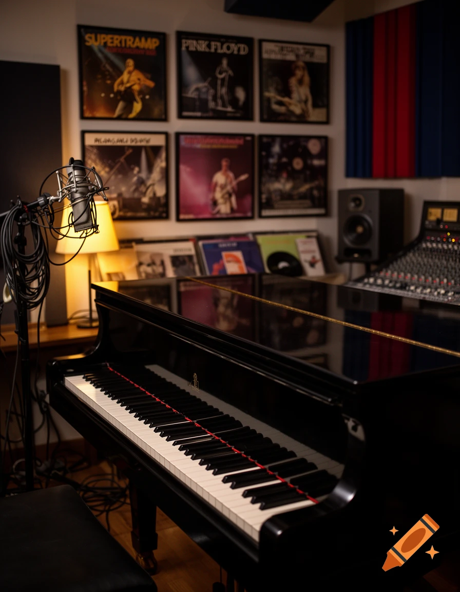 A close-up of a black grand piano in a music studio, with vinyl records and a microphone in the background.