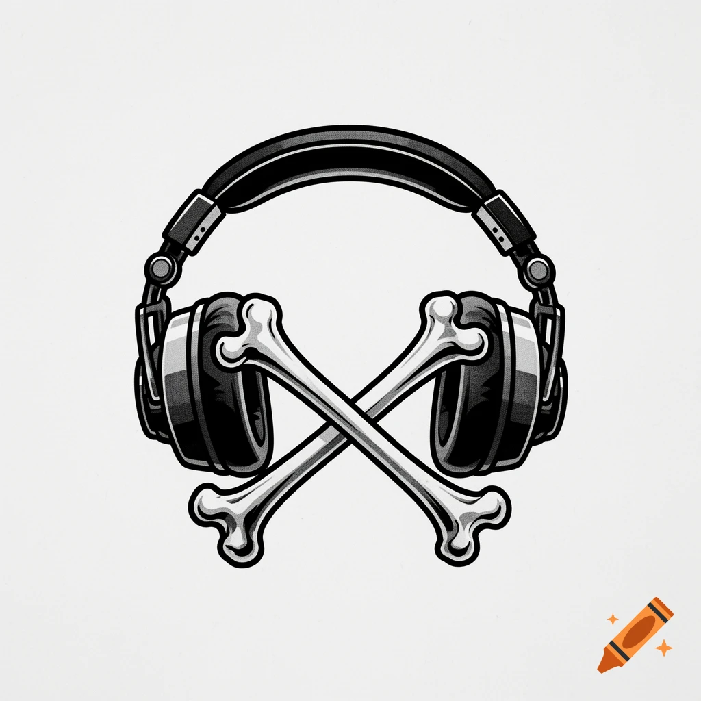 Black and white vector illustration of headphones with crossed bones like a pirate flag.