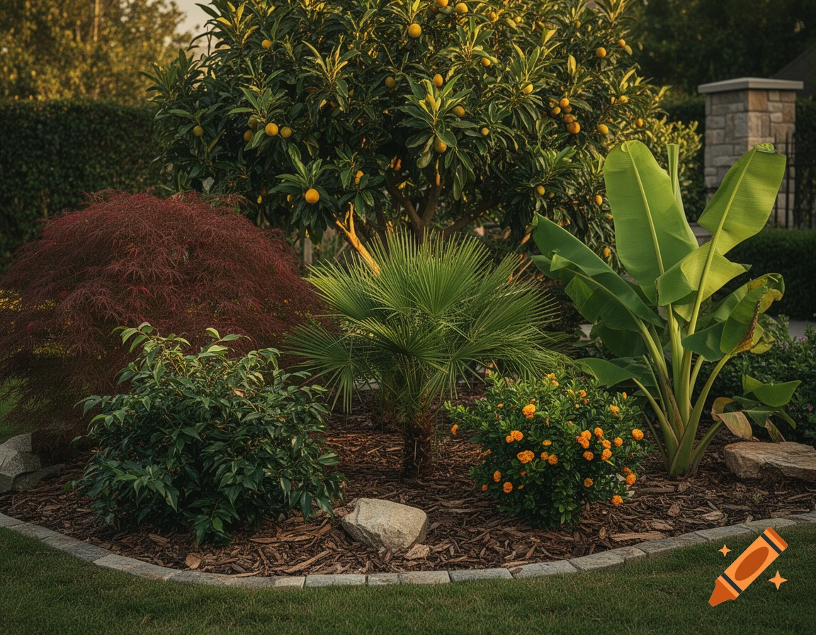 Photorealistic garden bed containing various plants including a Japanese maple, palm, and banana tree.