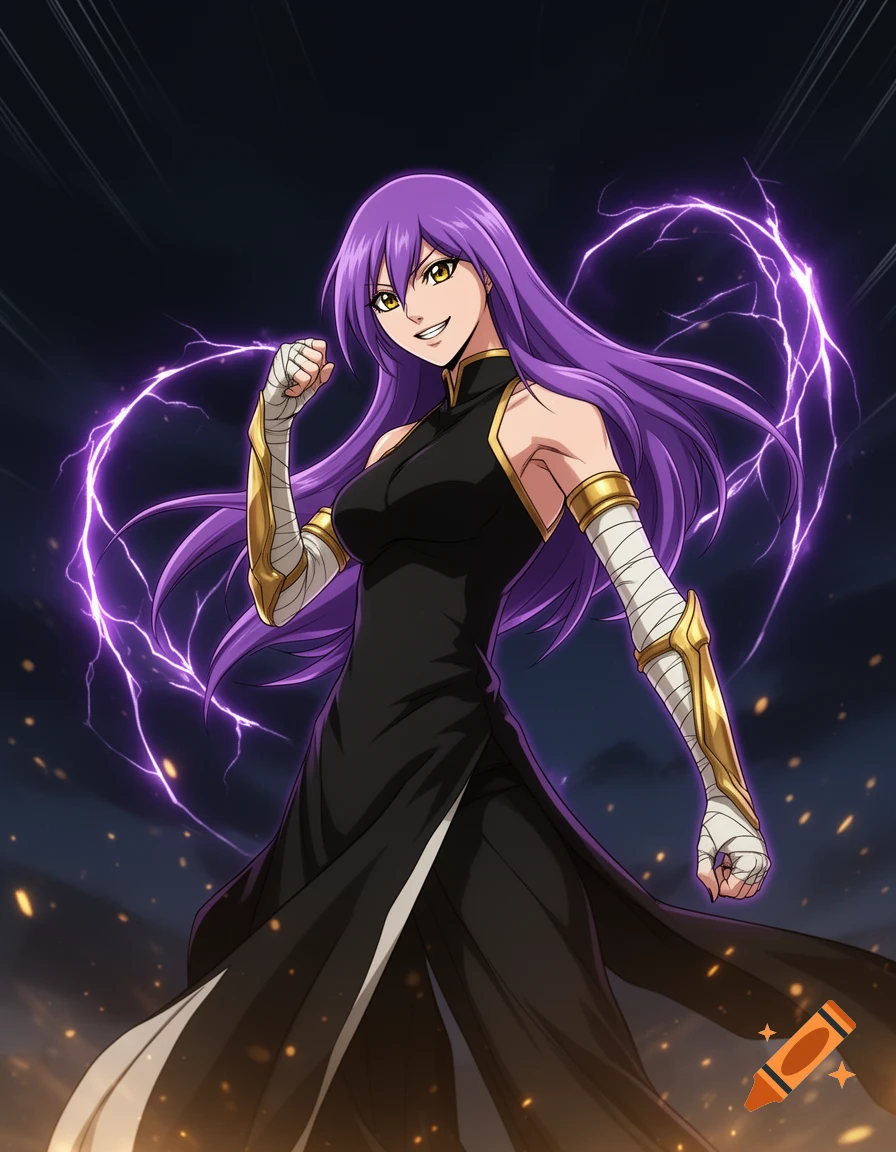 Anime style illustration of a female character with long purple hair and yellow eyes, wearing a black outfit with gold accents and white bandages on her arms, surrounded by purple lightning.