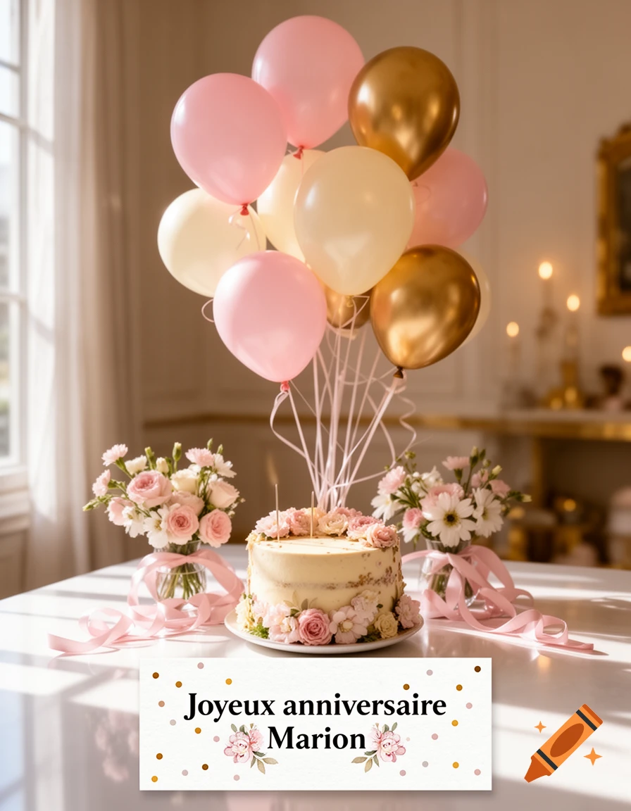 A decorated birthday cake with candles, surrounded by flowers, balloons, and a sign that reads Joyeux anniversaire Marion.