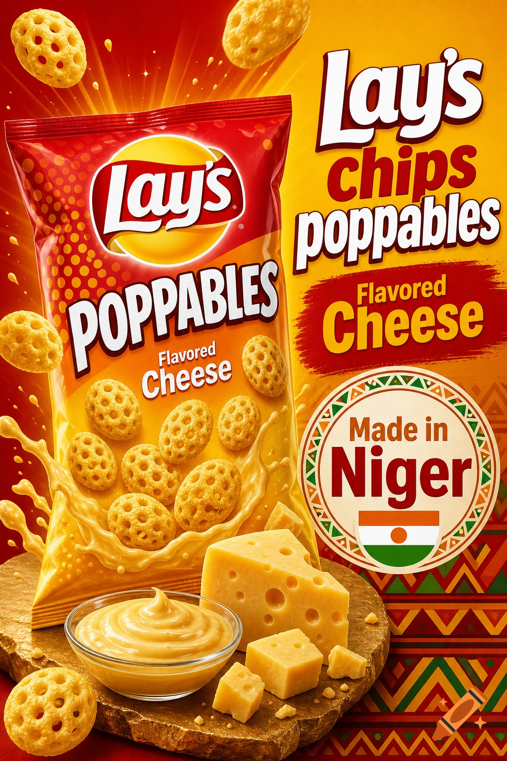 Commercial advertisement for Lay's Poppables Flavored Cheese chips made in Niger, featuring a bag, bowl of cheese dip, and cheese cubes.